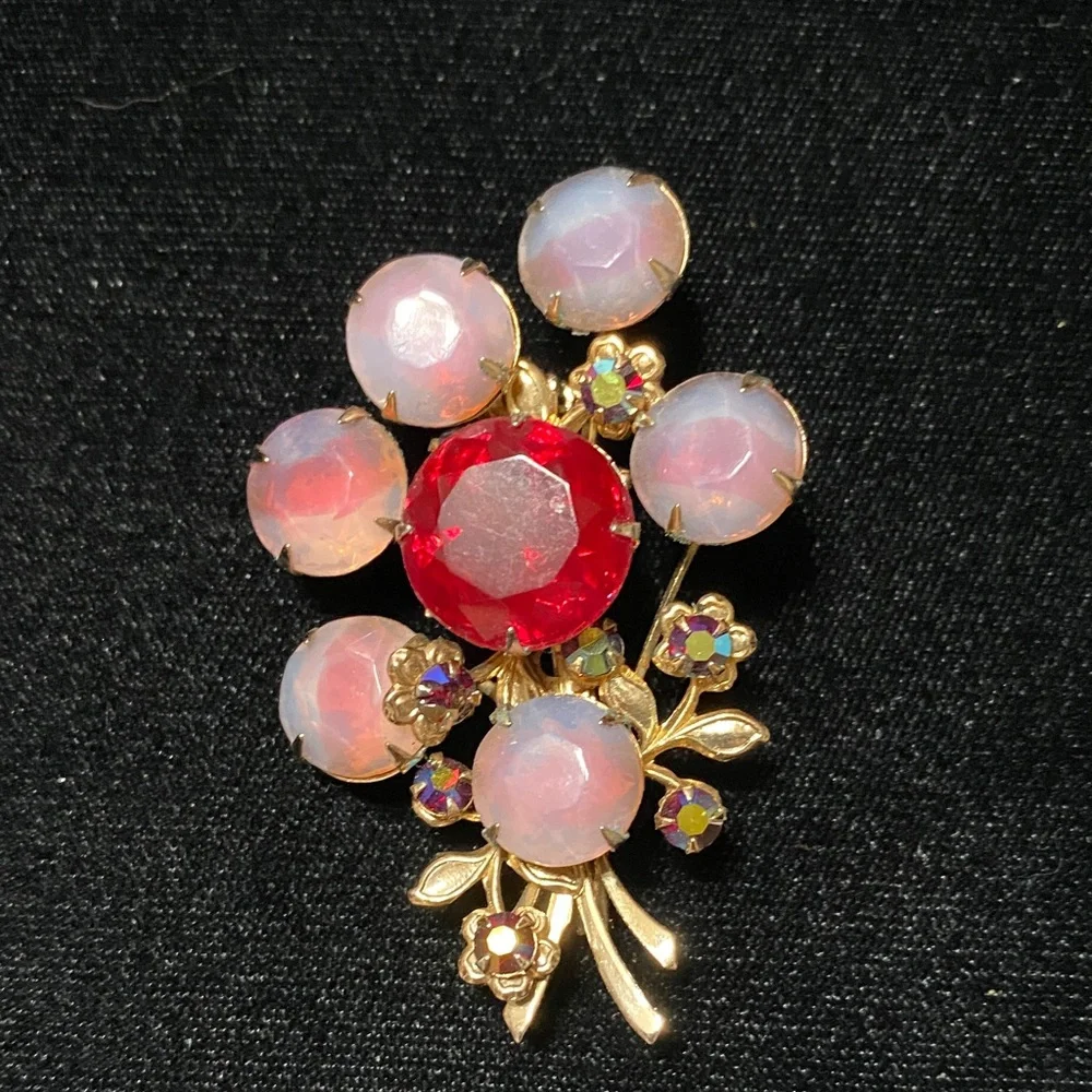 Vintage Gold and Red Floral Brooch - Picture 1 of 9